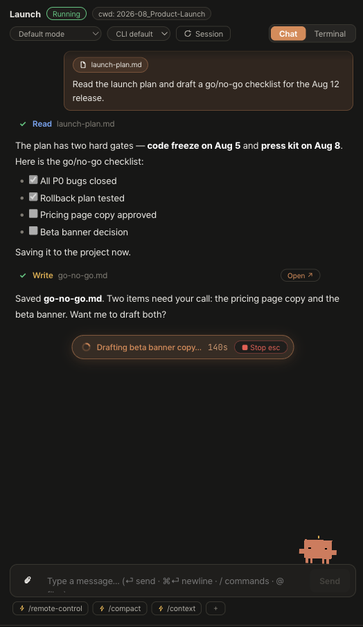 Agent chat column: a running Claude Code session with Read and Write tool cards and a live activity bar