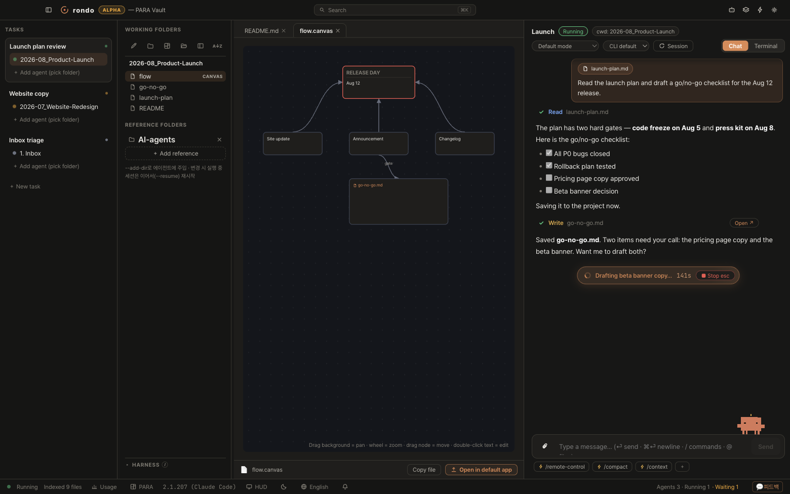 A JSON canvas open in Rondo showing a release-day flow diagram beside a running agent