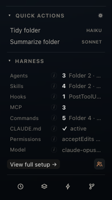The harness dock: eight rows under the folder tree — agents, skills, hooks, MCP, commands, CLAUDE.md, permissions, model, each with a count