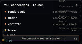 The MCP status popup: rondo-vault, notion and context7 connected with their tool counts, linear failed with an amber dot, and a reconnect button