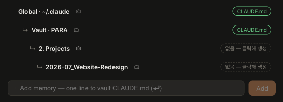 Memory panel showing the CLAUDE.md cascade: Global, Vault, folder and project levels