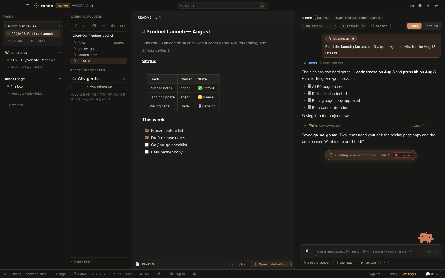 Rondo running on a real vault: task rail with status dots, working folders, a live markdown document, and a running Claude Code agent